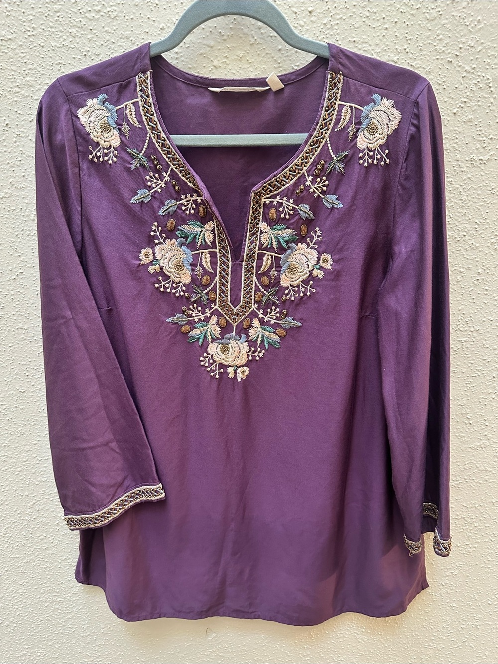 Soft Surroundings Floral Embroidered Beaded Embellished Long Sleeve Tunic Top M